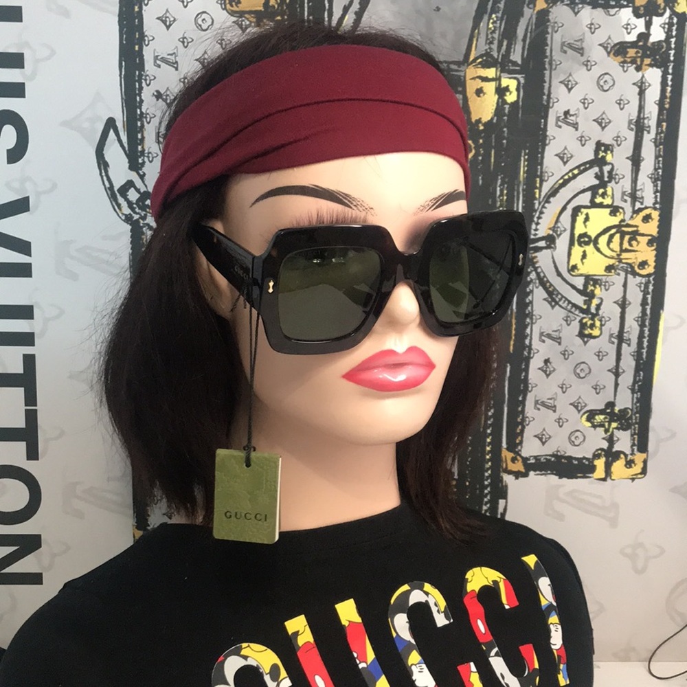 New Authentic Gucci GG1111S 002 Havana Square Sunglasses Green Lenses